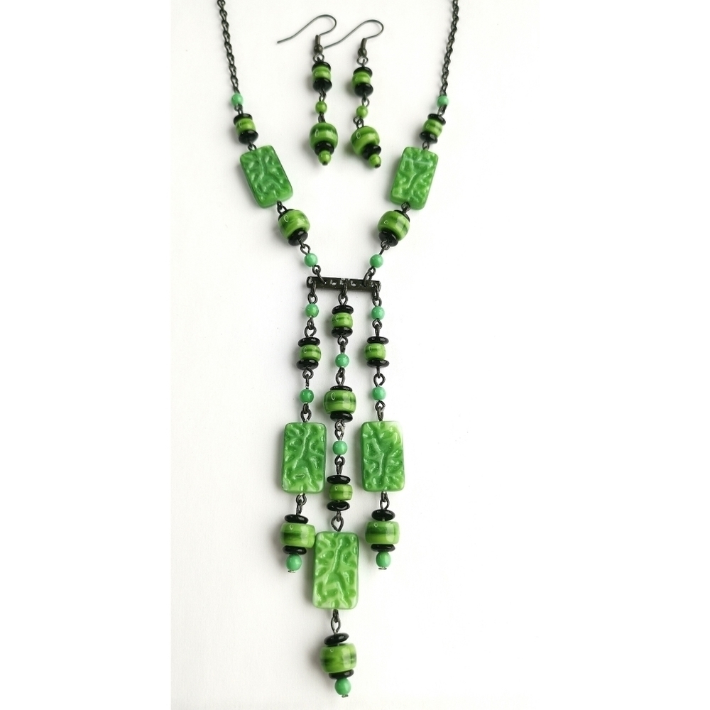 Rare Vintage Czech handmade Jade Glass necklace earring set